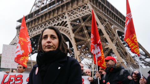 General secretary of the French CGT (Union General Confederation of Labor) Sophie Binet looks on during a press conference at the Eiffel Tower, in Paris, on February 22, 2024 as the Eiffel Tower is cl