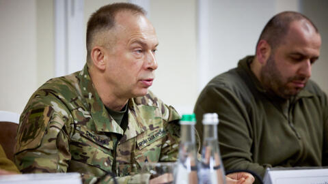 Commander-in-Chief of the Armed Forces of Ukraine Oleksandr Syrsky, left, and Ukraine's Defence Minister Rustem Umerov attending a meeting in Kharkiv, Ukraine, on May 16, 2024.