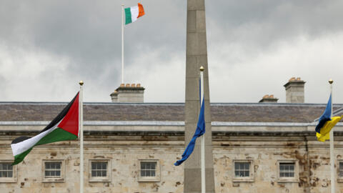 Palestinian, EU, Ukrainian and Irish flags flutter outside Leinster House in Dublin, Ireland, on May 28, 2024 after Ireland formally recognised the state of Palestine.