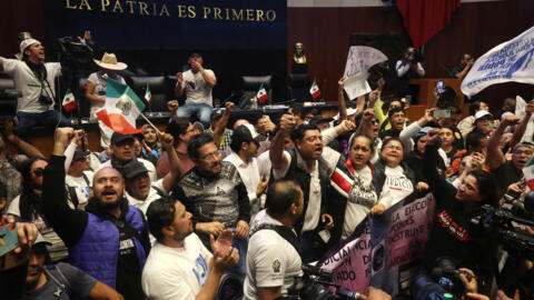 Demonstrators breach the legislature's upper house during the legislation of the judicial reform proposed by the government at the National Congress in Mexico City on September 10, 2024.