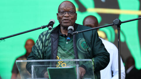 Former South African President and leader of the newly formed uMkhonto weSizwe (MK) Party, Jacob Zuma addresses supporters during the People's Mandate Launch at Orlando Stadium in Soweto on May 18, 20