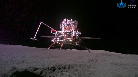 This photo shows the ascender and lander captured by China's Chang'e-6 lunar probe after it landed on the moon.