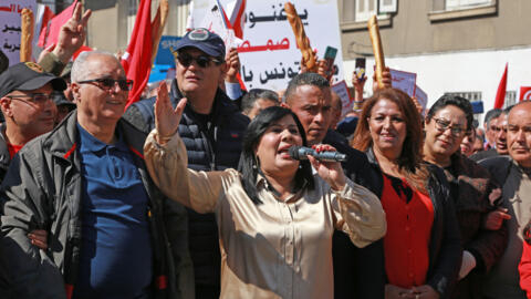 File photo: Abir Moussi (C), leader of the Free Destourian Party (PDL), delivers a speech during a rally in Tunis, Tunisia on March 13, 2022.