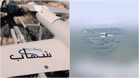 راست.تصویری از یک ویدیو از سال ۲۰۲۱، در این ویدیو حماس یک پهپاد شهاب را به سمت اهدافی در اسراییل شلیک کرده است. چپ: ویدیوی پروپاگاندای حماس از تمرین شلیک پهپاد شهاب که در سال ۲۰۲۱ متشر شده است.