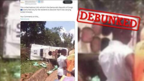 This photo, posted on April 19, 2024, shows an overturned UN armoured vehicle. The accounts sharing this image claim that it proves that the UN is trafficking stolen mineral resources from the Democratic Republic of Congo.