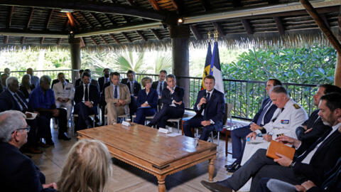 French President Emmanuel Macron meets with New Caledonia's elected officials and local representatives at French High Commissioner Louis Le Franc's residence in Noumea, France's Pacific territory of