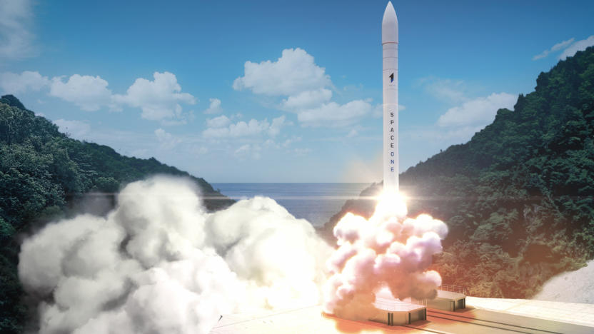 A computer graphics image of a white rocket blasting off against a background of blue skies and verdant hills.