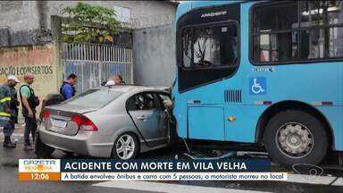 Motorista morre e 4 jovens ficam feridas após veículo bater em ônibus em Vila Velha, ES - Assista a seguir.
