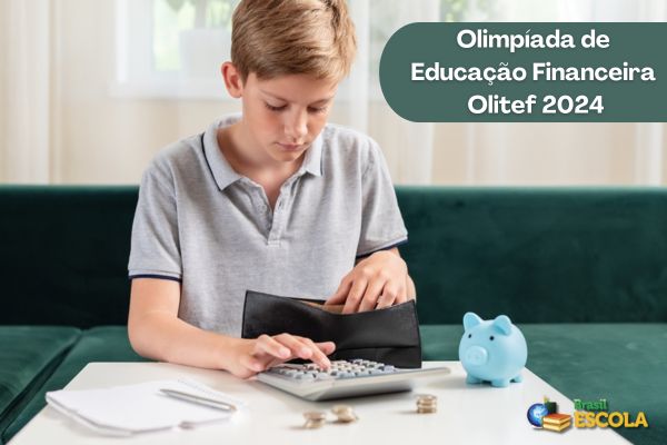 Criança com calculadora e moedas na mesa, texto Olimpíada de Educação Financeira Olitef 2024