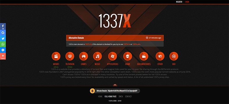 An image of the website 1337X featuring the homepage