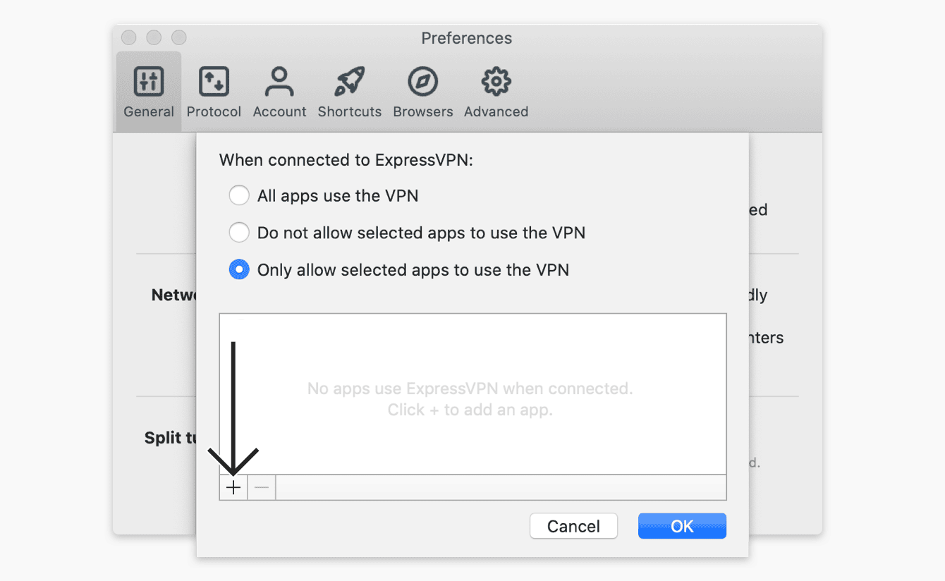Select "Only allow selected apps to use the VPN," then click the "plus sign." 
