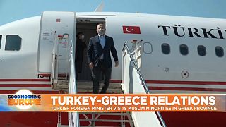 Turkey's Foreign Minister Mevlut Cavusoglu disembarking from plane, greeting officials 