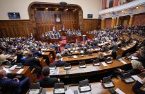 El primer ministro designado de Serbia, Milos Vucevic, en el Parlamento.