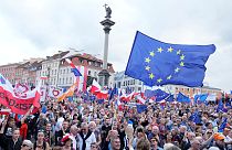 Thousands of supporters of the pro-European Union Poland government listen to Prime Minister Donald Tusk speaking during a rally in Warsaw, Poland, Tuesday June 4, 2024.