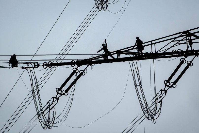 Specialised workers achieve maintenance works on a power pole in Pfungstadt, June 2024