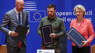 European Council President Charles Michel, Ukrainian President Volodymyr Zelenskyy, European Commission chief Ursula von der Leyen, in Brussels, June 27, 2024