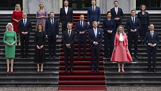 The new Dutch government poses with Dutch King Willem-Alexander on the steps of royal palace Huis ten Bosch in The Hague, Netherlands, Tuesday, July 2, 2024. 