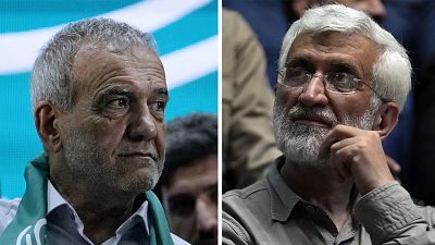 Combinação de fotografias mostra os candidatos às eleições presidenciais iranianas. Masoud Pezeshkian, à esquerda e Saeed Jalili, à direita.