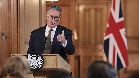 British Prime Minister Keir Starmer delivers a speech following his first cabinet meeting as Prime Minister, in London, Saturday July 6, 2024.