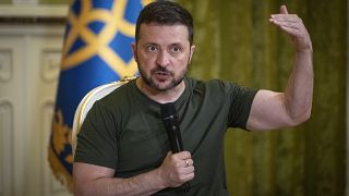 Ukrainian President Volodymyr Zelenskyy speaks during a press conference in Kyiv, Ukraine.