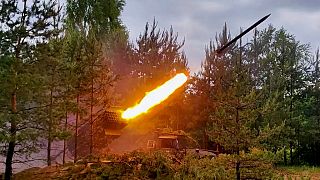 In this photo taken from video released by the Russian Defense Ministry on Tuesday, July 23, 2024, Russian Army BM-21 "Grad" self-propelled 122 mm multiple rocket launcher.