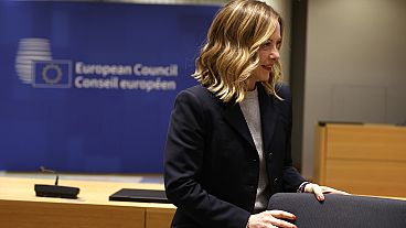 Italy's Prime Minister Giorgia Meloni arrives for a round table meeting at an EU summit in Brussels, Wednesday, April 17, 2024. 