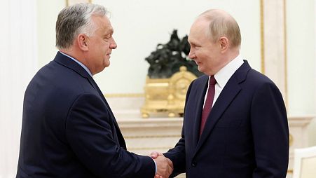 Russian President Vladimir Putin, right, and Hungarian Prime Minister Viktor Orban shake hands during a meeting in Moscow, Russia, Friday, July 5, 2024.