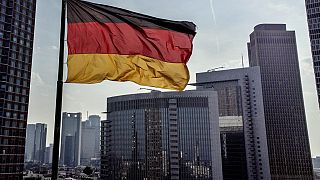 Eine deutsche Flagge weht vor den Gebäuden des Bankenviertels in Frankfurt. 30. August 2024.