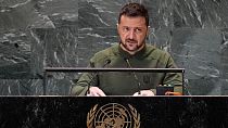 Le président ukrainien Volodymyr Zelenskyy s'adresse au Sommet du futur au siège des Nations unies, le lundi 23 septembre 2024. 