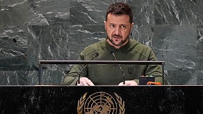 Il Presidente ucraino Volodymyr Zelenskyy si rivolge al Summit del futuro presso la sede delle Nazioni Unite, lunedì 23 settembre 2024. 