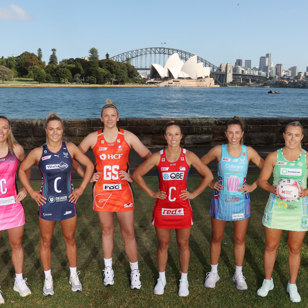 Super Netball captains Kim Ravaillion (Queensland Firebirds), Hannah Petty (Adelaide Thunderbirds), Kate Moloney (Melbourne Vixens), Jo Harten (Giants), Paige Hadley (NSW Swifts), Amy Parmenter (Melbourne Mavericks), Jess Anstiss (West Coast Fever) and Steph Fretwell (Sunshine Coast Lightning).