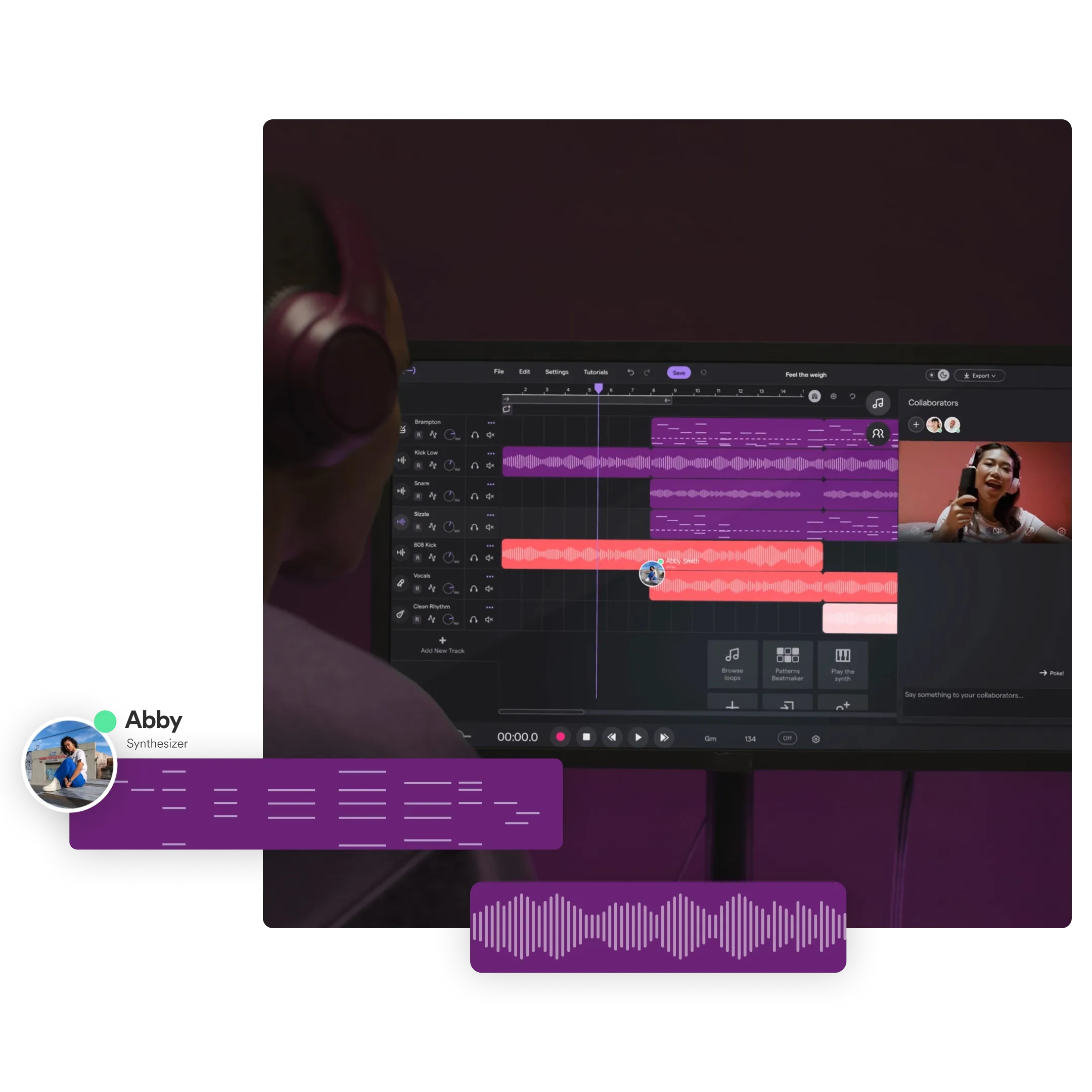 A picture show a person sitting in front of a monitor showing the soundtrap studio, this person is collaborating with another person using the video chat collaboration feature