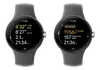 Two side-by-side images of the first-gen Pixel Watch showcasing Pace Training and Heart Zone Training.
