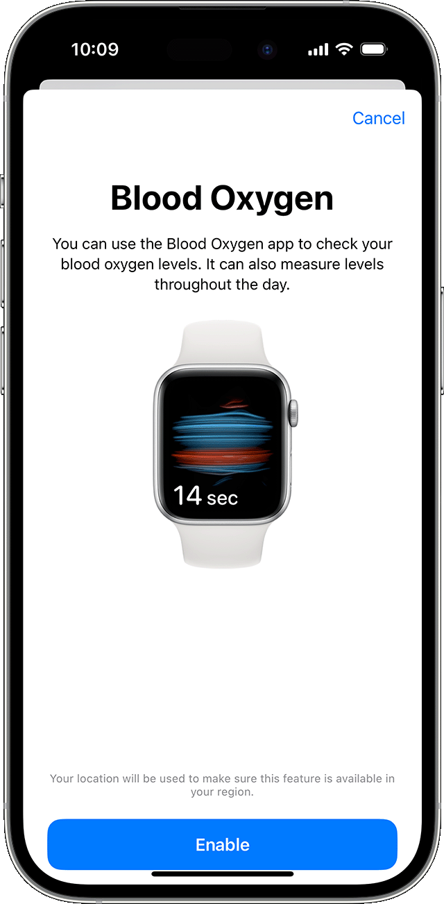 En iPhone, hvor den første skærm til indstilling af appen Iltniveau i blodet vises.