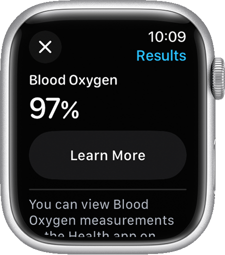Resultatet af en måling af Iltniveau i blodet på et Apple Watch.