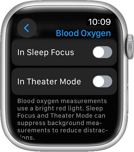 Et skærmbillede af indstillingerne i Iltniveau i blodet på et Apple Watch Series 7.