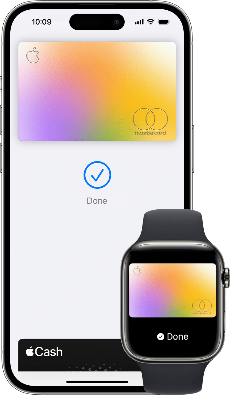 iPhone i zegarek Apple Watch wyświetlające ukończoną płatność za pomocą Apple Pay