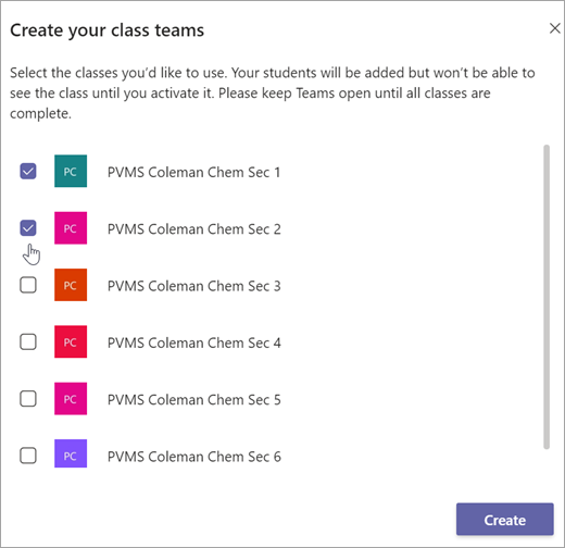 Create your class teams window. Select checkboxes to choose classes.