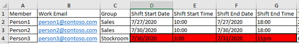 Error in red on Shifts sheet