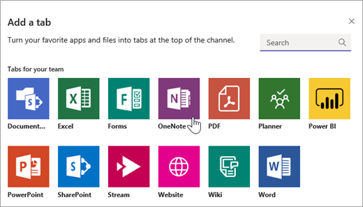 Adding OneNote as a tab inside a team.
