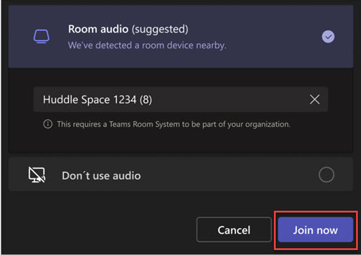 Screenshot of "Join now" highlighted with Teams room added before meeting.