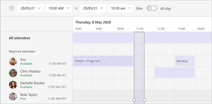 Screenshot della visualizzazione fuso orario dell'Assistente Pianificazione in Teams