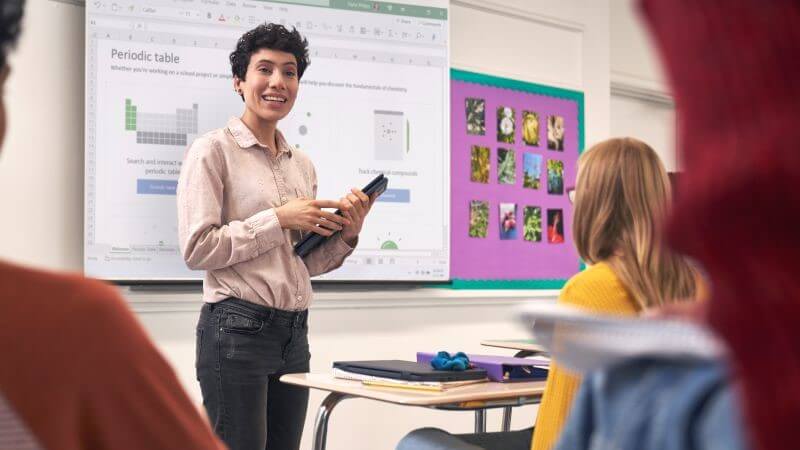 Преподавательница средней школы проводит презентацию перед классом с помощью Lenovo 300w в режиме планшета. Три учащихся сидят за отдельными партами, слушая презентацию.