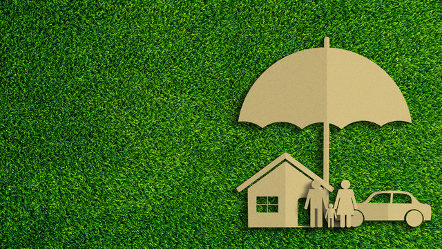 Paper cut of insurance concept on green grass background. Car insurance, life insurance, home insurance to protection by umbrella.