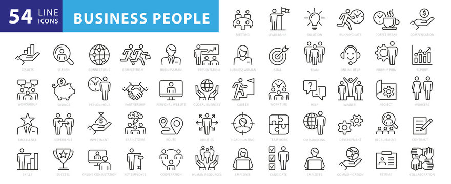 Business people, human resources, office management - thin line web icon set. Outline icons collection. Simple vector illustration