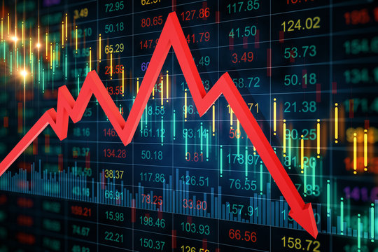 Creative crash recession chart with falling red arrow.