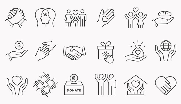 Charity line icon set. Collection of empathy, donate, volunteer, help and more. Editable stroke.