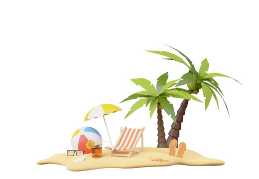 Summer elements 3d icon clipart island isolated on white background, Minimal Realistic objects for mock-up with summer theme, beach umbrella, sand, inflatable ring, vacation time to travel.