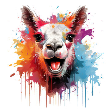 A playful llama t-shirt design capturing a scene of llamas in a watercolor world, where vibrant splashes of color create a lively backdrop as llamas engage in various joyful activities, Generative Ai