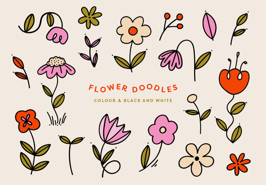 Set of Hand Drawn Flower Elements 